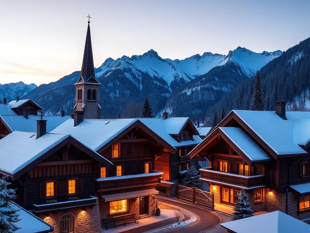 Alpine village at dusk with mountain backdrop