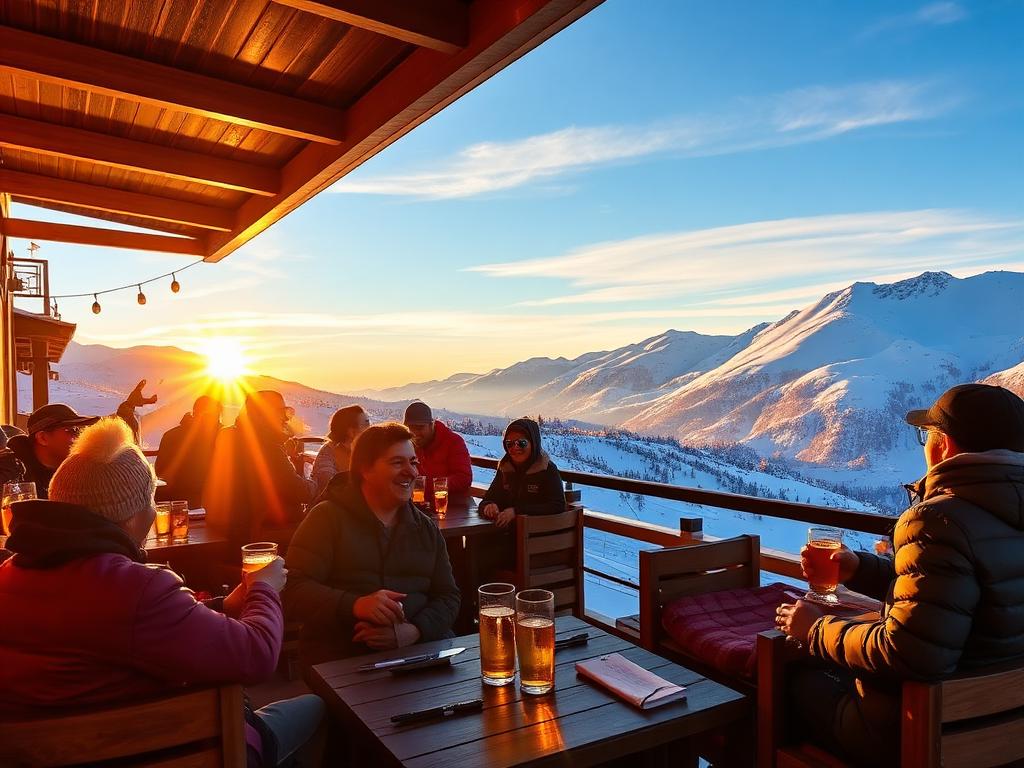 Friends enjoying après-ski on mountain terrace