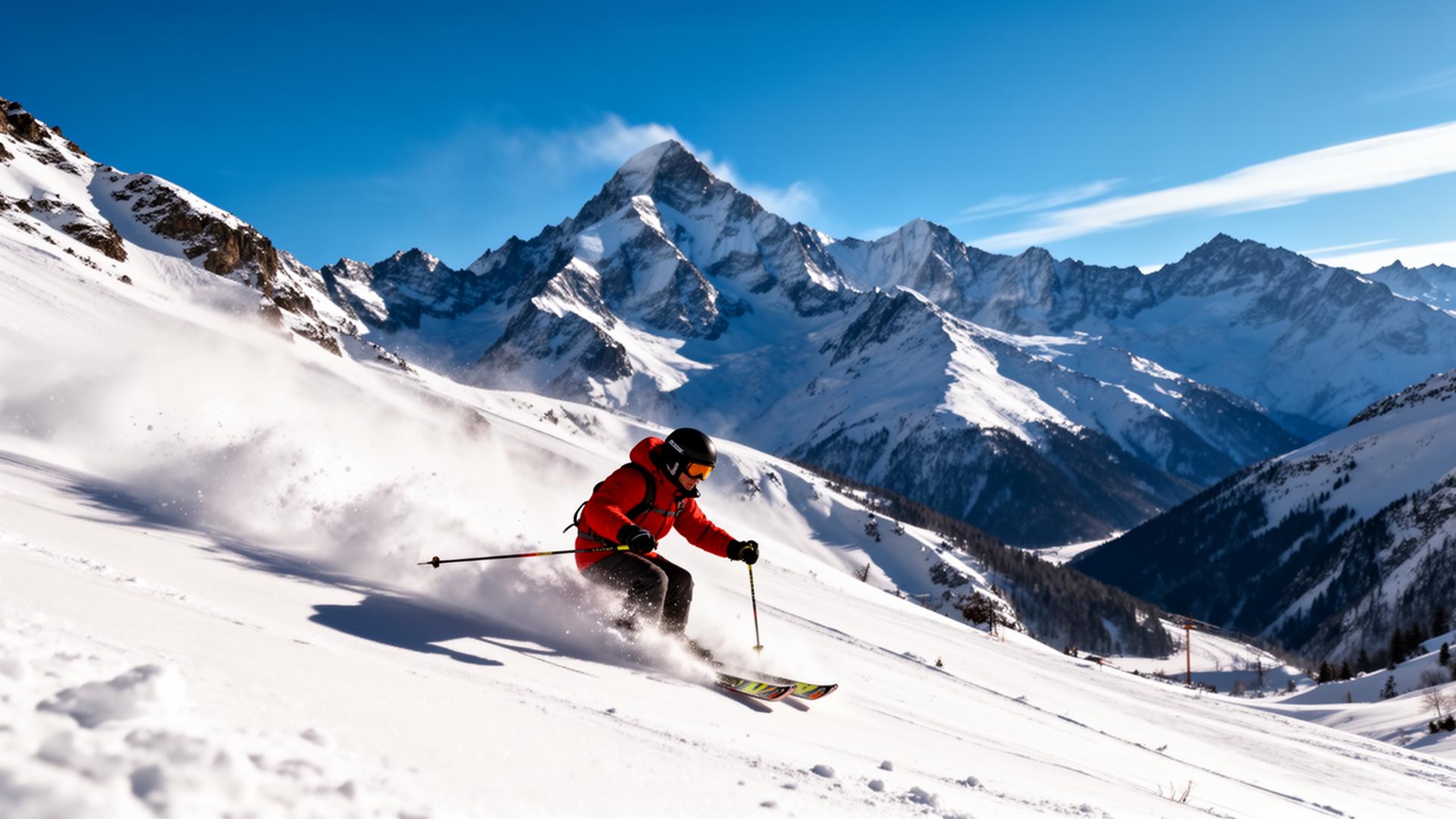Skier descending alpine slopes with mountain backdrop