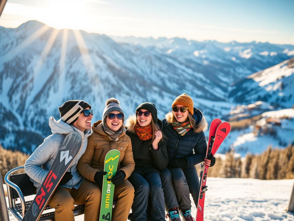 Friends on ski lift with mountain views
