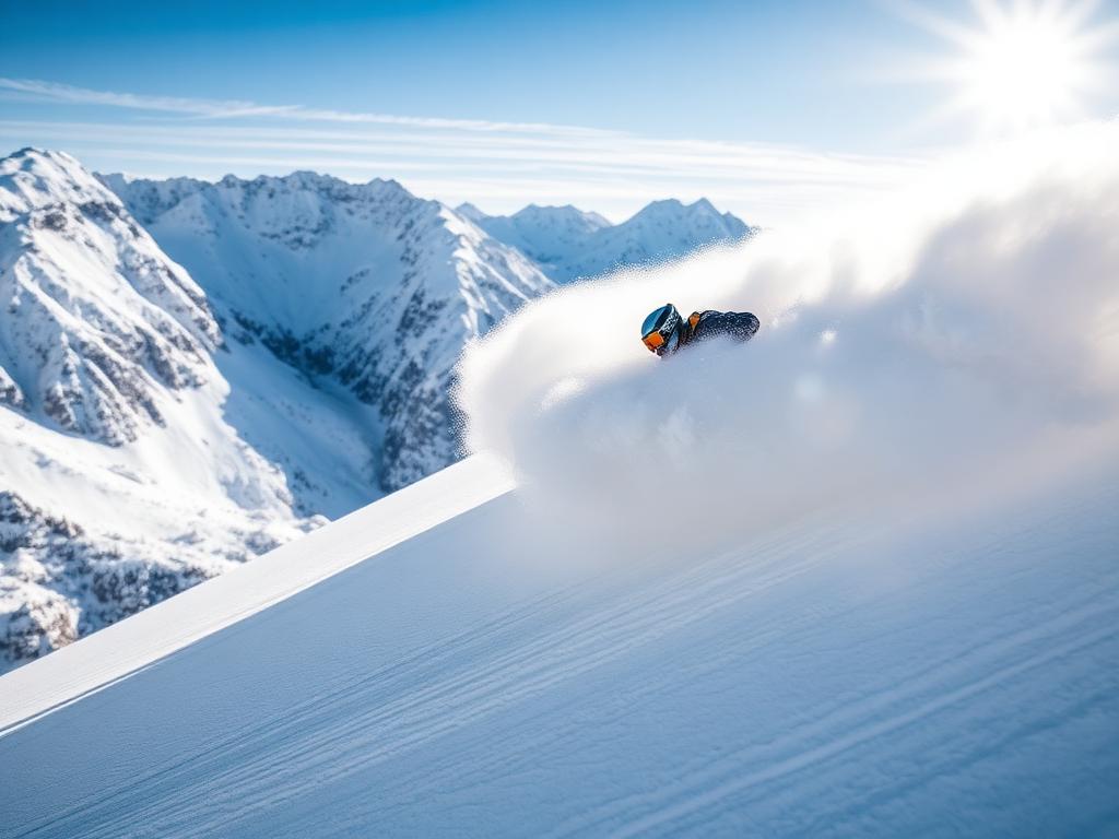 Skier in fresh powder with alpine trees